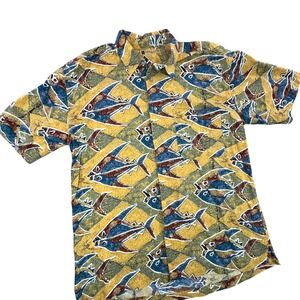 Imprints Mens Vintage Abstract Fish Print Rayon Short Sleeve Button Down Shirt M